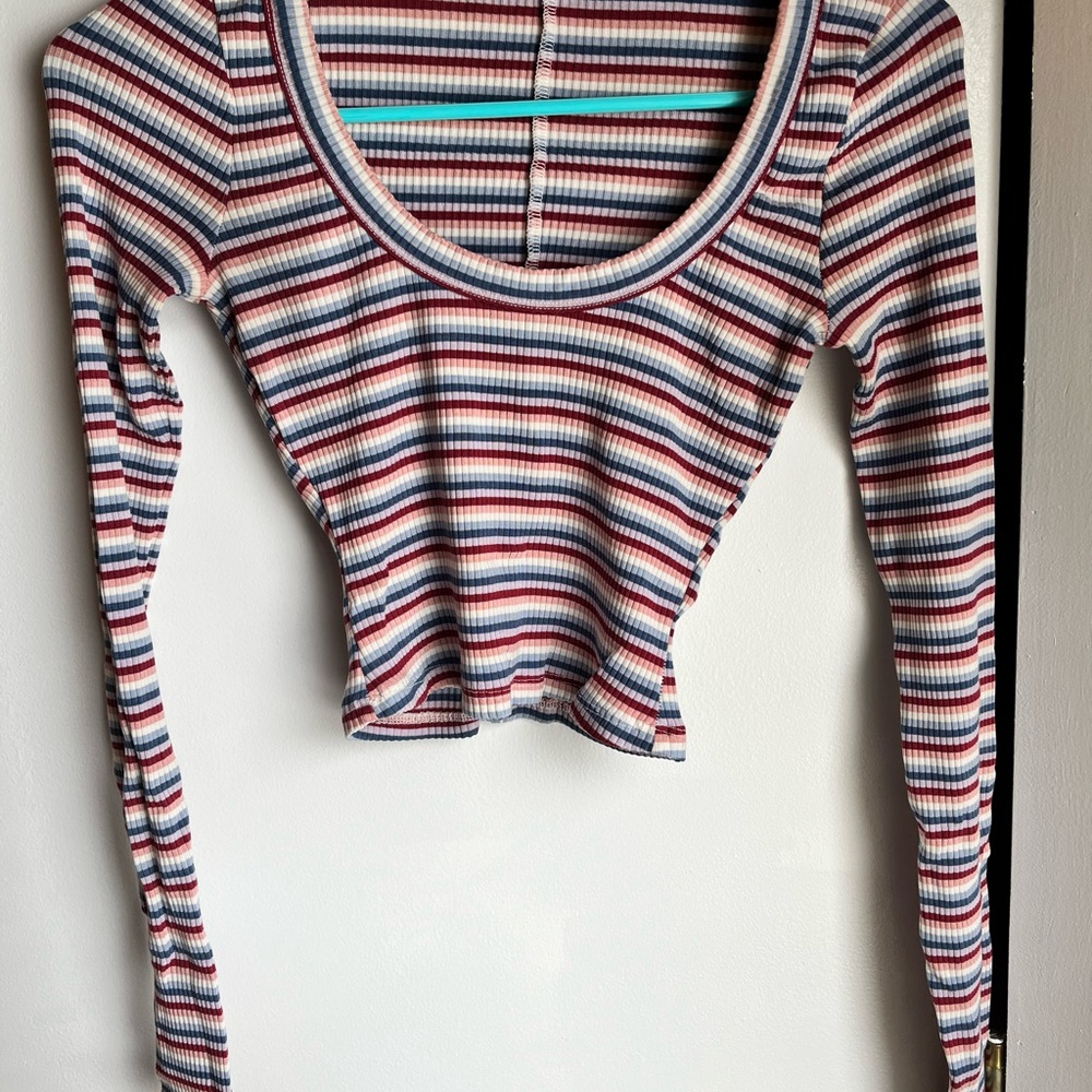 Reformation Paige Striped Ribbed Long-Sleeve Scoop Neck Top - Red, Blue XS